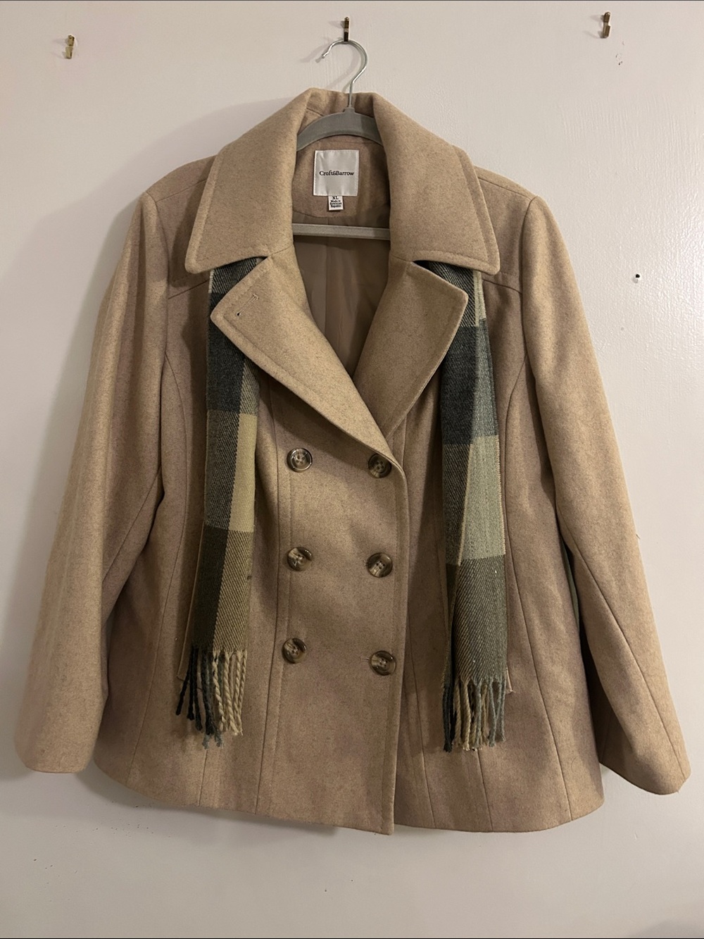 croft & barrow Beige Double-Breasted Peacoat with Plaid Scarf